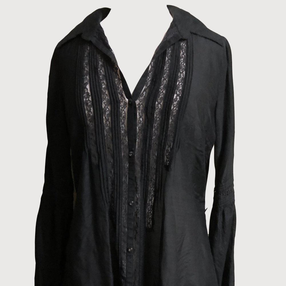 Unique Black Long sleeve tunic blouse lace insets